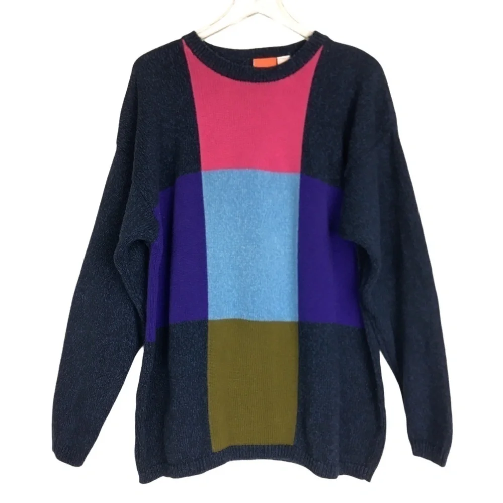 Vintage Chunky Abstract Color‎ Block Sweater L